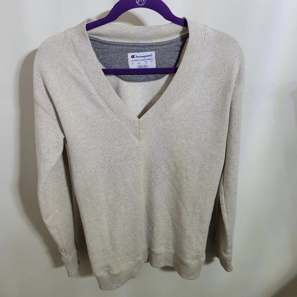 Champion Oatmeal Colored V-Neck Sweater, Size XS